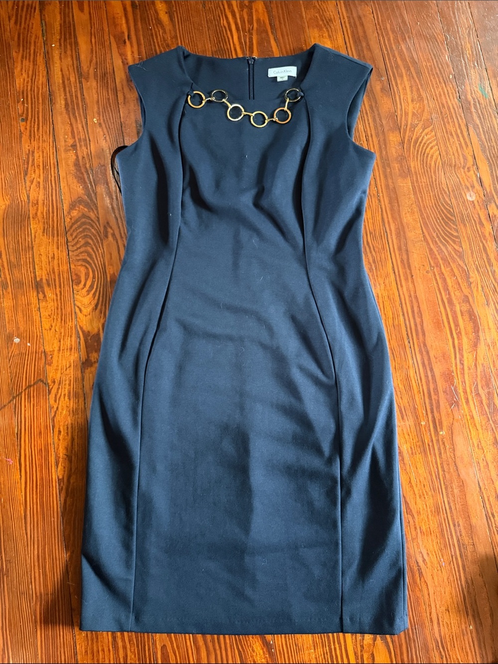 Calvin Klein Navy Sheath Dress with Gold Chain Accent